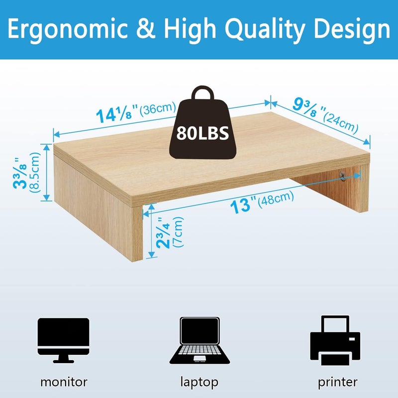 TEAMIX 14.2 inch Monitor Stand Riser, Wood Monitor Riser with Storage for Desk Small Monitor Stand TV/Screen/PC/Laptop Riser Computer Stand Desktop Shelf (Maple-14.2 inch) - Image 4
